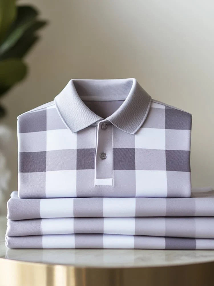 Men's Classic Business Check Button Short Sleeve Stretch Polo Shirt