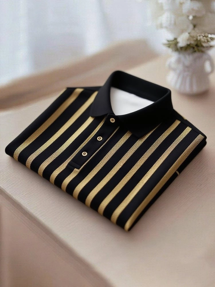 Men's Business Casual Gold and Black Stripe Button Short Sleeve Polo Shirt