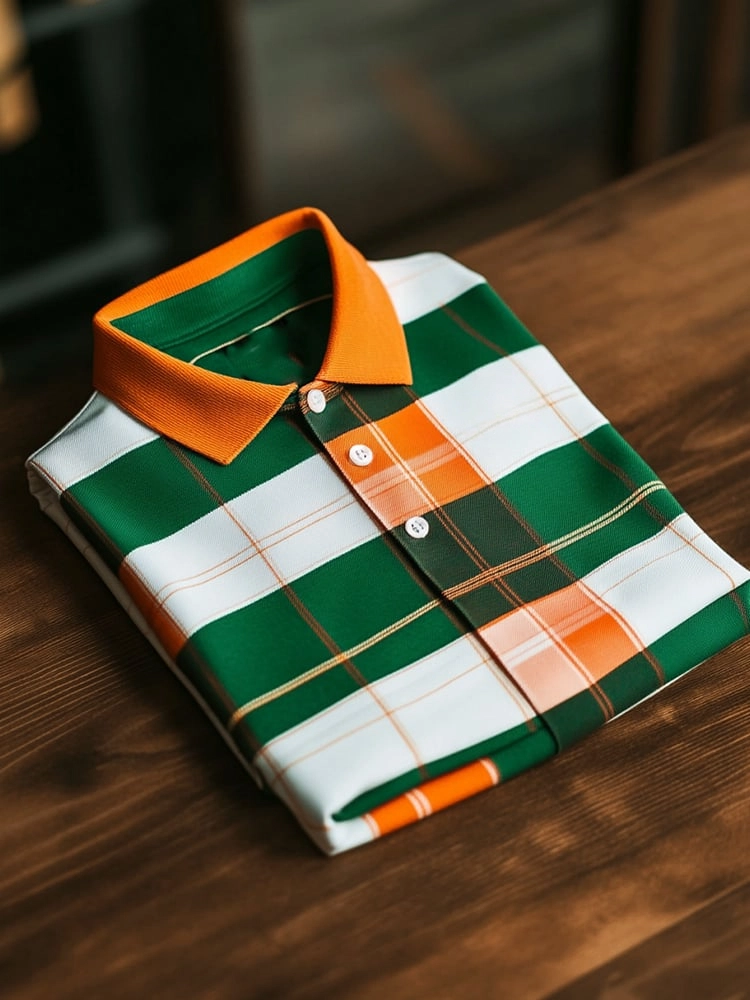 Men's Business Casual Orange Green Plaid Button Short Sleeve Polo Shirt