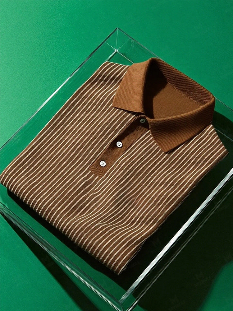 Men's Business Casual Striped Button Short Sleeve Polo Shirt