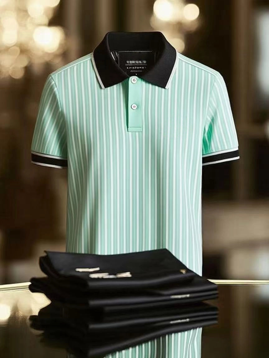 Men's Striped Business Lapel Short Sleeve Polo Shirt
