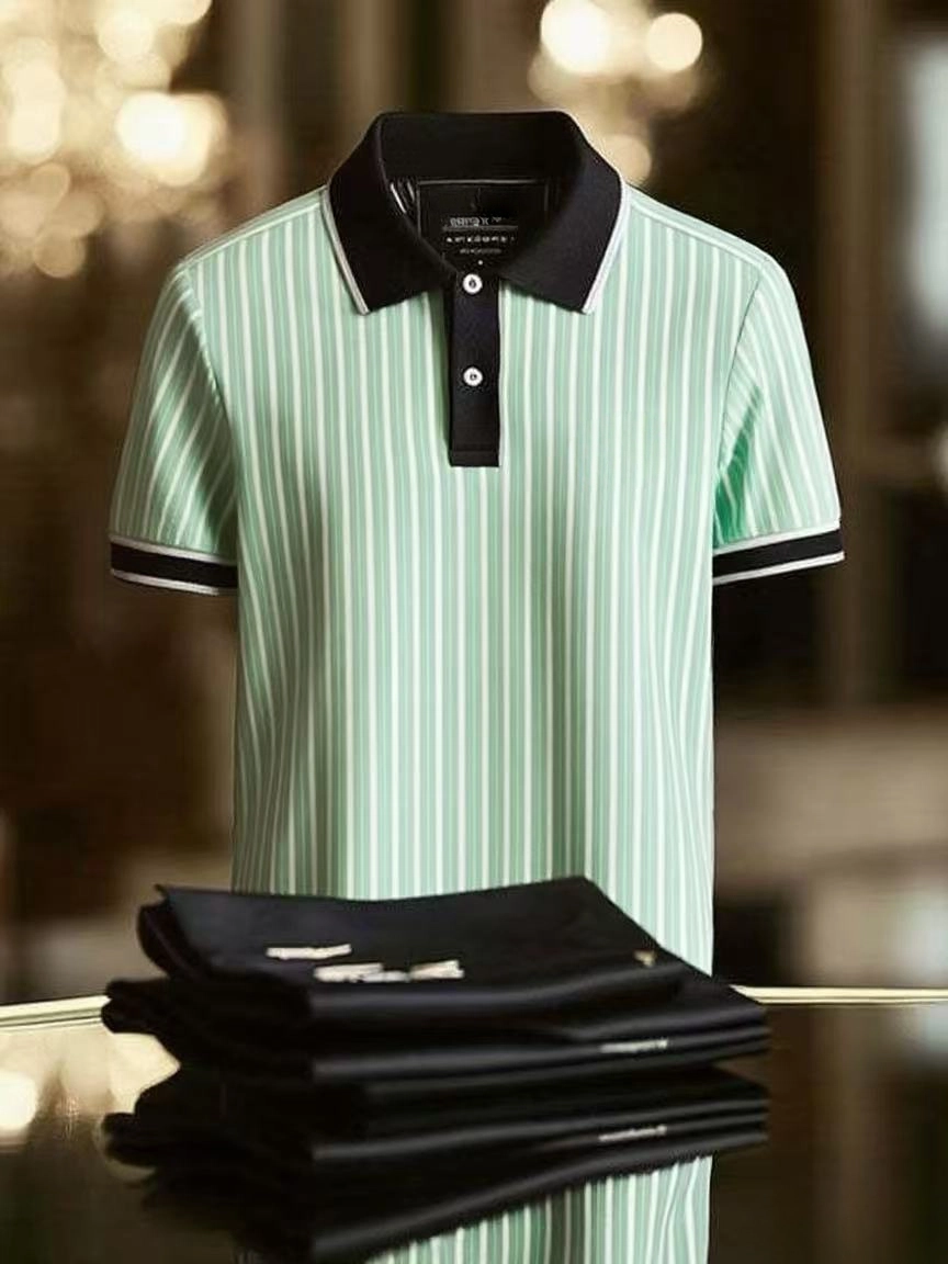 Men's Striped Business Lapel Short Sleeve Polo Shirt