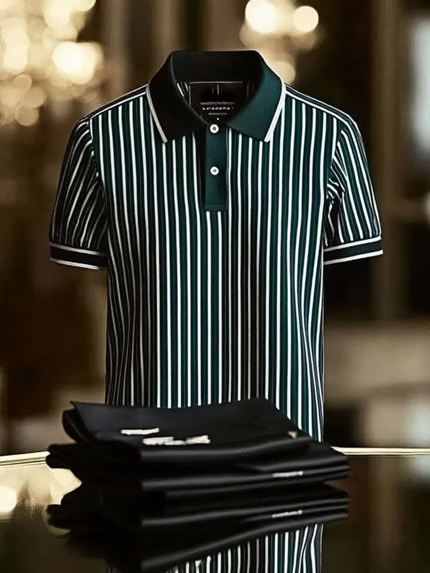 Men's Striped Business Lapel Short Sleeve Polo Shirt