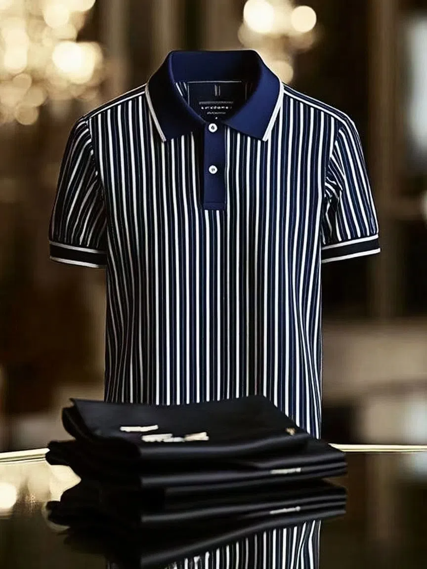 Men's Striped Business Lapel Short Sleeve Polo Shirt