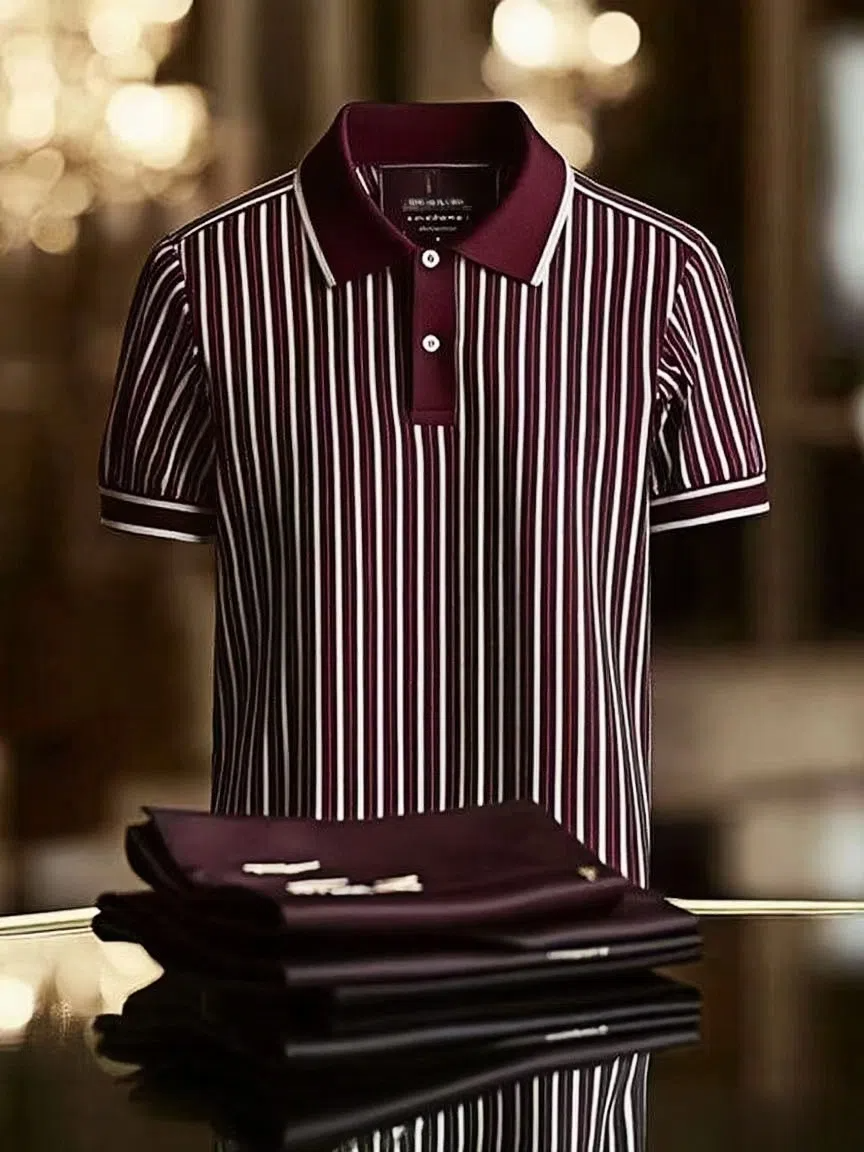 Men's Striped Business Lapel Short Sleeve Polo Shirt